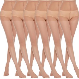 MANZI 6 Pairs Natural Pantyhose for Women 20 Denier High Waist Sheer Tights(Natural,X-Large)