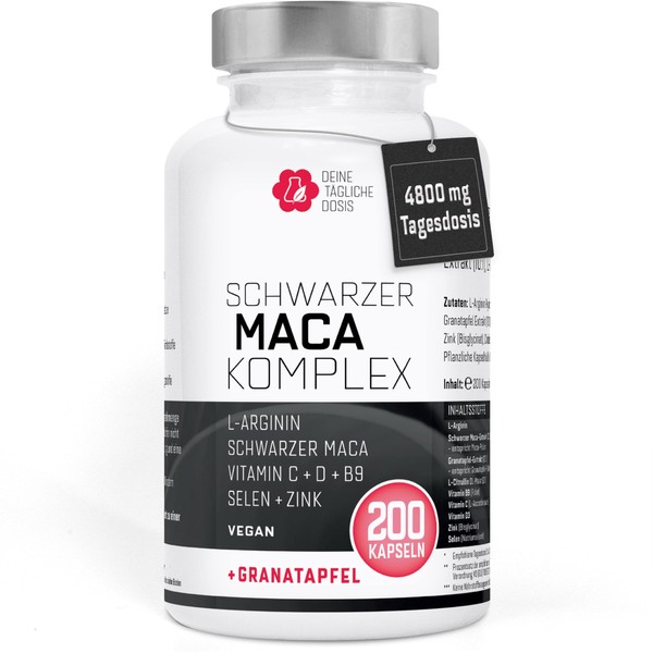 200 Maca Capsules High Dose 4800 mg per Daily Dose - with L-Arginine, Pomegranate Extract, Citrulline - Vegan 20:1 Maca Extract Black with Zinc, Selenium, Folic Acid, Vitamin C and D