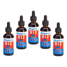 Bioganic Vitamina B12 Lquida Sublingual Paquete de 5, Vegano, Sin Azucar, Sin Gluten, 1200 Tomas En Total, 240 Tomas Por Envase, Sabor Arndano, Rinde 