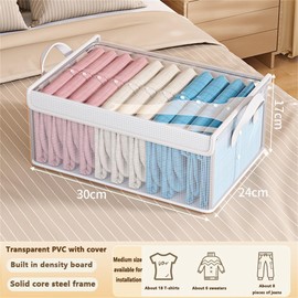 wintfarm 3pcs wardrobe storage organiser,clear foldable storage boxes with Steel Frame,wardrobe storage organiser with lid,storage cubes for jeans pants shirts leggings sweaters (3 pcs with lid)
