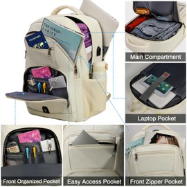 RAINSMORE Laptop Backpack 17 Inch Large Travel Backpack for Women Waterproof Computer Backpack Work Business Backpack TSA Friendly Carry on Backpack with USB Port, Beige