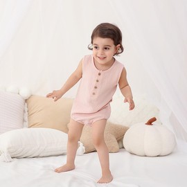 WATOCHE Baby Girl Romper Sleeveless Cotton Linen Bodysuit Tank Top One Piece Neutral Newborn Baby Summer Clothes/Outfits 0-18 Months(Cotton Linen-B+G+P,9-12M)