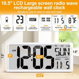 GEELION 18.5" Extra Large Atomic Clock with Backlight Digital Wall Clock Battery Operated with Charging Function Jumbo LCD Display Clock Time/Calendar/Temperature for Wall Bedroom Classroom