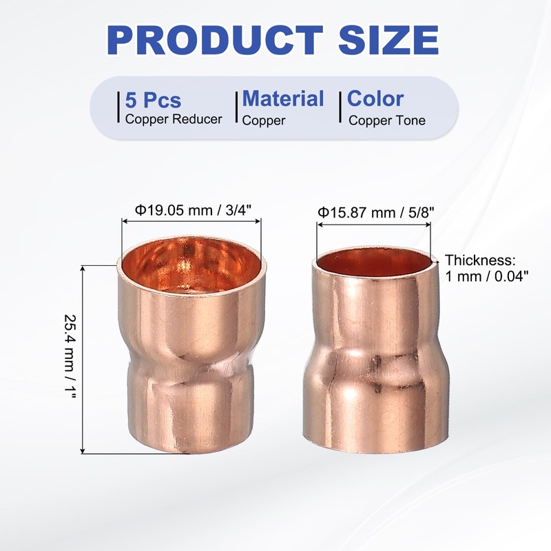PATIKIL 5Pcs Copper Reducer 3/4" x5/8" ID Reducing Copper Coupling