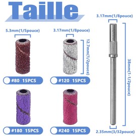 Mesee 60pcs Nail Sanding Tips 80#120#180#240# Coarse Medium Fine Sleeve Sanding Belt Nail Tip with Drum Drill Chuck for Manicure Pedicure