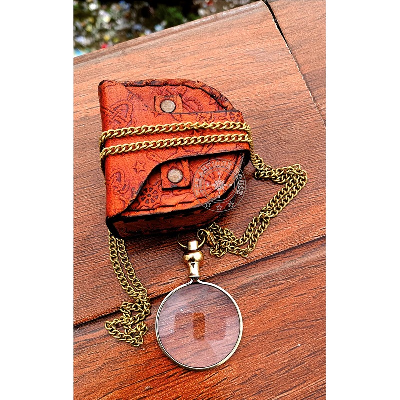 Brass Magnifying Glass, Optical Magnifier Lens with Chain Monocle for