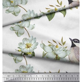 Soimoi White Cotton Canvas Fabric Leaves,White Floral & Bird Decor Fabric Printed BTY 56 Inch Wide