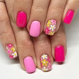 Pink Press on Nails Short Square False Nails with Colorful Flower Daisy Designs Spring Fake Nails Summer Stick on Nails Reusable Glossy Rose Pink Artificial Nails for Women Girls Manicure 24Pcs