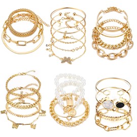 Finrezio 24Pcs Gold Bracelets Set for Women 14K Gold Plated Multiple Layered Stackable Chain Link Bracelets Adjustable Open Cuff Bangle Trendy Dainty Boho Cuban Paperclip Beaded Bracelet Gold Jewelry