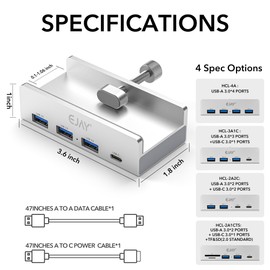 EJAY Muti-Port Clamp Type C 3.0 HUB for Desk Mountable Clip USB HUB Desktop Type C 3.0 Splitter for Desk/Monitor with Extra Power Supply Port,47inches Data&Power Cables(2PCS Total)-5Gbps(CL-2A2C-SV)