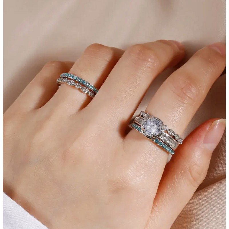 Boho 5 pc Turquoise CZ Stacking Rings 925S Sparkling Resin
