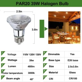 H&Z 12 Pack H&Z Par20 Short Neck 39W 120V, 3000K Flood Light with E26 Medium Base