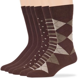 7BIGSTARS KINGDOM Men's Dress Socks Cotton -6 pack- Assortment Thin Business Casual Argyle, Dotted, Striped, Solid, Sock Size 10-13 Shoe Size 9-12 L Brown (A17)