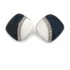 Dark Blue/White Enamel Crystal Square Clip On Earrings In Silver