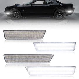 VANKUB 4 PCS LED Side Marker Lights for Dodge Challenger 2008 2009 2010 2011 2012 2013 2014, Clear Lens Challenger Front Rear Bumper Fender Marker Lamps (White Light)