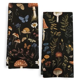GWFSJYU Vintage Mushroom Botanical Kitchen Towels Set of 2, Spring Butterfly Flower Dish Tea Towels for Kitchen, Dark Cottagecore Botanical Hand Towel for Bathroom, Mushroom Kitchen Decor, 16x24 Inch