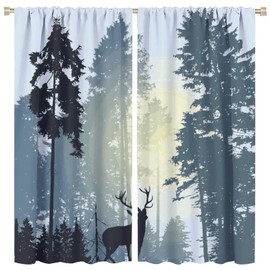 cortina oscurecedora de ciervos, amanecer por la mañana, bosque, vida silvestre, montaña, alce, pájaros, silueta de pino, cortinas de ventana para recámara, sala de estar, cocina, cortinas de ventana, 2 paneles de 63 pulgadas de ancho x 63 pulgadas de la