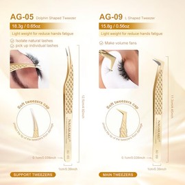NAGARAKU Fibre Tip Eyelash Tweezers Set 1 Pair Professional Precision Tweezers Stainless Steel Non-Slip Handle Nail Tweezers Separator Tweezers Dolphin & Volume Compartments L Type Lash Tweezer (AG-05&AG-09)