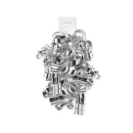 Pack Of 12, Solid Metallic Silver Curly Gift Bows 12 Strands on Hang Tab Made In USA