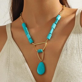 Western Turquoise Necklace for Women Boho Geometric Metal Tassel Pendant Necklace Vintage Statement Holiday Beach Party Jewelry Accessories Gifts (Waterdrop)