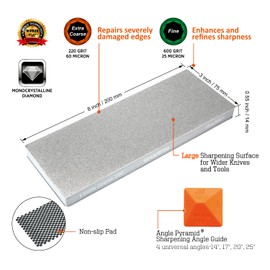 SHARPAL 169H Large 8" x 3" Dual-Grit Diamond Sharpening Stone – Extra-Coarse 220 & Fine 600 Grit Monocrystalline Diamond Whetstone, Professional Knife Sharpener with Anti-Slip Pad and Angle Guide
