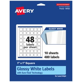 Avery Glossy White Square Labels with Sure Feed, 1" x 1", 480 Glossy White Labels, Print-to-The-Edge, Permanent Label Adhesive, Laser/Inkjet Printable Labels