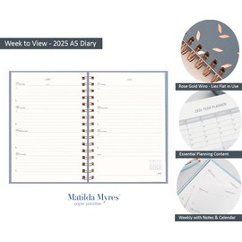 Matilda Myres 2025 Diary | A5 Weekly Diary | Rose-Gold Wirobound | January to December Planner | Hardback Covers | Grey