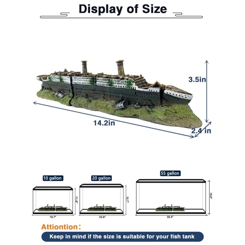 GOLOMOZ Aquarium Titanic Shipwreck Ornament - Decor Cave for Fish