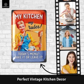 LANOLU Vintage Tin Sign MY KITCHEN MY RULES, Retro Kitchen Decor, Vintage Metal Kitchen Wall Signs, Tin Sign for Kitchen, Retro Diner Decor, Vintage Kitchen Wall Decor 12x8"