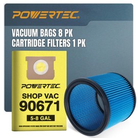 POWERTEC 90671 Shop Vacuum Bags 8PK & 90304 Cartridge Filter 1PK, for Shop Vac 90661 Type E Type H 5-8 Gallon Filter Bag/Type U Filter, fits Most 5 Gallon and Above Wet/Dry Vacuum Cleaners (75106)
