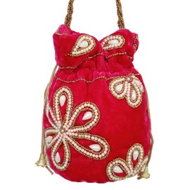 Purpledip Chenille Potli Bag (Clutch, Drawstring Purse): Intricate Bead Work Satchel Handbag, Pink (12396D)