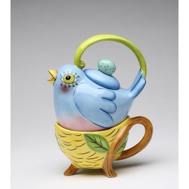 Cosmos Gifts 61910 Fine Ceramic Flights Of Fancy: Bluebird Bird in Nest Tea for One (Teapot with Tea Cup) Set by Babs, 7" H