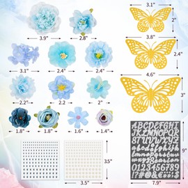 Ohuimrt 33 PCS Graduation Cap Decorations Kit, Blue Grad Cap Decorations Included Faux Flower Heads 3D Butterflies Alphabet Letter Stickers Self Adhesive Rhinestones for Grad Party, DIY Handcraft
