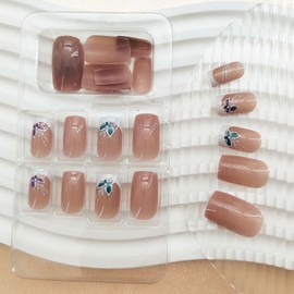 White French Tip Press on Nails Short Medium Square Fake Nails Press ons Glossy Pink Blue Butterfly False Nail Tips Nude Artificial Nails Finger Manicure Decorations for Women Girls 24 Pcs
