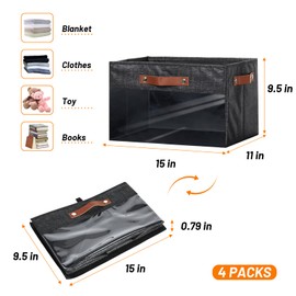 HNZIGE Rectangle Large Storage Bins for Shelves with Clear Window, Collapsible Storage Bin Baskets for Shelves 3 Pack, Decorative Shelf Storage Organizer Bin for storage Toy, Home(Black 15 x 11 x 9.5)