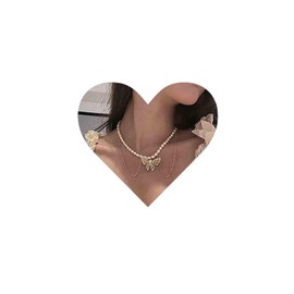 Allereya Vintage Butterfly Pendant Necklace Pearl Choker Necklace Crystal Butterfly Necklace Gold Link Chain Tassel Necklace Jewelry for Women and Girls