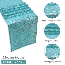 Trimming Shop 11x108 Inch Shimmer Sequin Table Runner Glitter Table Runner Overlay Sequin Table Linen Fabric for Dining Party Wedding Reception Banquet Table Decoration, Turquoise, 1pc