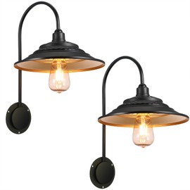 XIFEINIU Solar Barn Lights for Outside, 2PCS Waterproof Solar Wall Light Fixture, Rustic Vintage Metal Gooseneck Solar Wall Mount Lights with Gold Interior, for Outdoor Barn Shed Farmhouse Porch