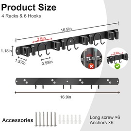 GUUKAR Broom Holder Wall Mount, 2 Packs Black Stainless Steel Tool Storage Organizer for Kitchen Garden Garage Laundry Room Bathroom and RV with 4 Slots 6 Hooks