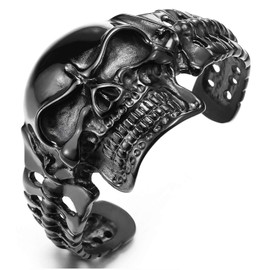COOLSTEELANDBEYOND Heavy and Study Mens Stainless Steel Biker Skull Cuff Bangle Bracelet Silver Black Two-Tone Polished, Stainless Steel, not-applicable