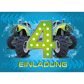 6 Invitation Cards 4th Birthday Kids Boy Monster Truck Blue Monster Truck Car Invitations Fourth Children's Birthday Party for Boys