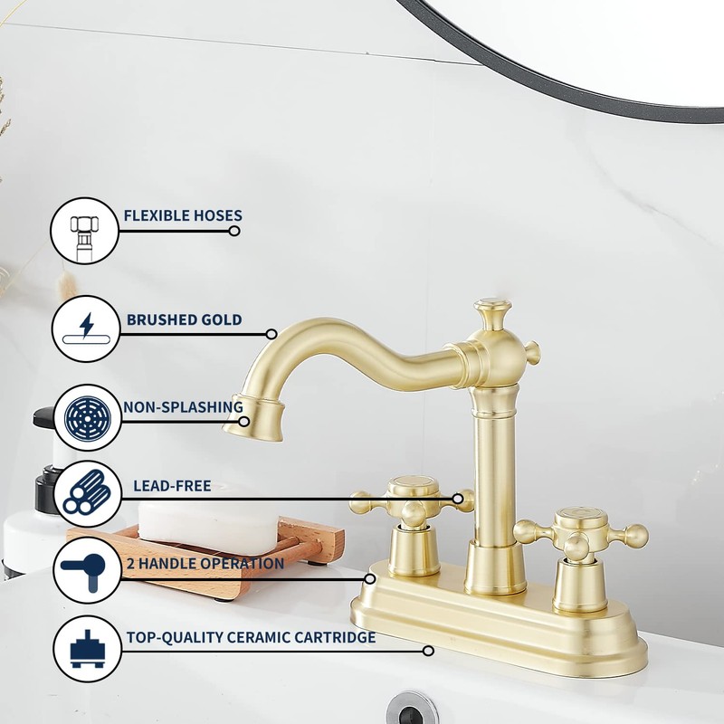 Bathroom Faucet Brushed Gold GGStudy 2 Handles 4 Inches Centerset