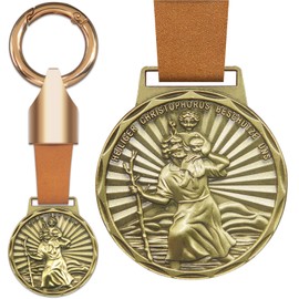 Anwlki Saint Christopher Plaques Leather Keyring Saint Christopher Medal Protect Us Come Good Home Car Motorcycle Drivers Patron Saint Pendant, Brass colour