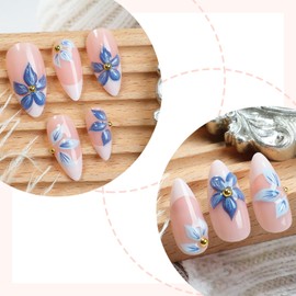 24pcs White French Tip Press on Nails Medium Almond Fake Nails with 3D Flower Gold Beads Designs Blue Floral Glue on Nails Summer False Nails Kit Acrylic Nail Tips Full Cover Stick on Nails For Women