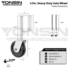YONSIN 4.3" Heavy Duty Spring Loaded Gate Caster with Bearing, Drag Gate Wheels with 360° Swivel for Wooden Gate Fence, Metal Tube Gate, Anti Sag Gate Kit with Bear, 200 Lbs Capacity, 1 Pac, White