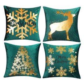 ONWAY Green Christmas Decorations Gold Throw Pillow Covers 18x18 Set of 4 Snowflakes Reindeer Decorative Cushion Cases Xmas Golden Decor for Couch Sofa Bedroom