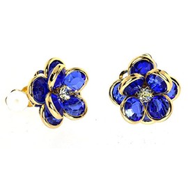Six Colors Variation Acrylic Rhinestone, Gold Tone Sweet Flower "CLIP-ON" Earrings (Admiral Blue)