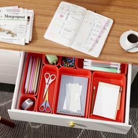 45 Pack Desk Drawer Organizer Tray, 3 Sizes Plastic Drawers Organizer Storage for Kitchen, Bathroom, Office, Vanity, Makeup, Utensils, Junk Drawer Organizer Bins, Gadget Trays for Organizing, Red