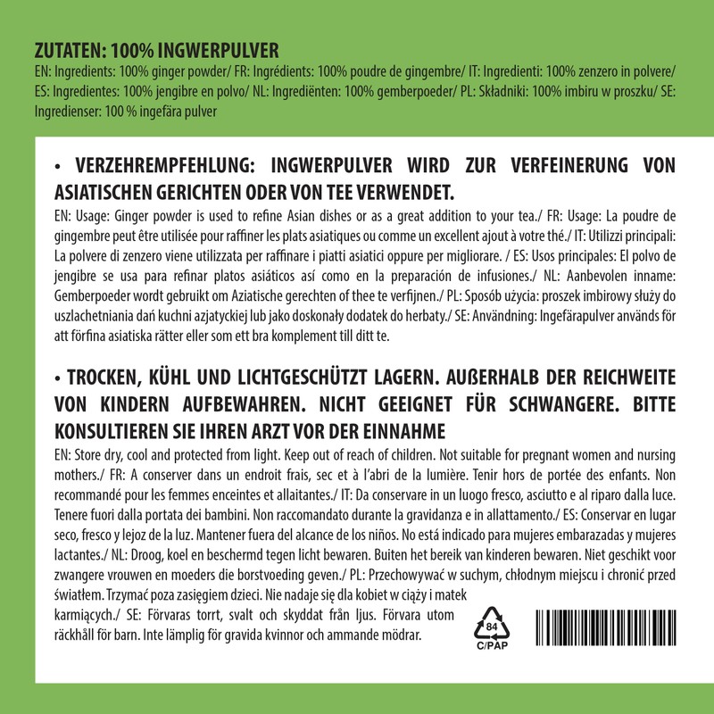 Ginger Powder (500g, 1.1lb), Ground Ginger, 100% All-Natural, Gently Dried