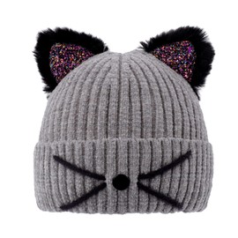 Kids Girls Sequin Cat Ears Hats Winter Knitted Beanie Hat for Outdoor Snow Ski Skull Cap Ages 7-12